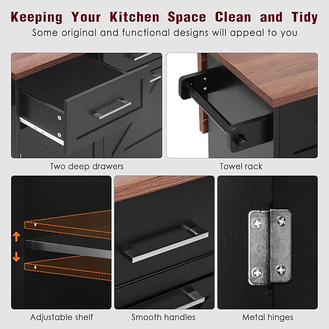 Farmhouse Kitchen Island with Drop Leaf & Wheels, 47.2" Rolling Kitchen Cart with Removable Side Racks, 2 Drawers, Towel Hooks & Trash Bin Cabinet for Small Space, Dining Room, Rustic Home Decor