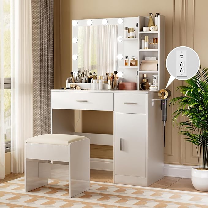 Vanity Mirror with Lights Desk and Chair: Make up Vanity with Mirror and Lights, Vanity Dresser with Drawers and Stool, for Bedroom Dressing Room (White)