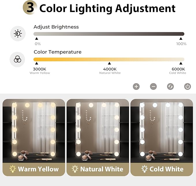 Black Vanity, Small Vanity Desk with Mirror and Lights, Makeup Vanity Desk with 3 Color Modes Adjustable Bulb, 2 Large Drawers and 4 Open Storage Shelves, Vanity with Chair for Bedroom