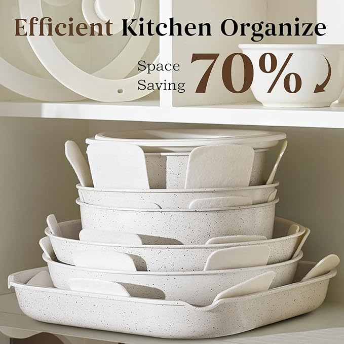 20 Pcs Pots and Pans Set Non Stick, Ceramic Cookware Set Detachable Handle, RV Kitchen Cooking Set Removeable Handles, Oven Safe, Induction Ready, Stackable Non-stick, Cream White