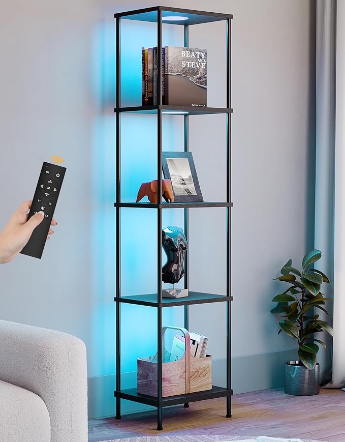 Display Shelf with RGBW Light, Color Changing Curio Cabinet Floor Lamp with Shelves Corner Standing Column Lamp Etagere Organizer Tower Nightstand Bookcase for Living Room Bedroom Office Décor Black