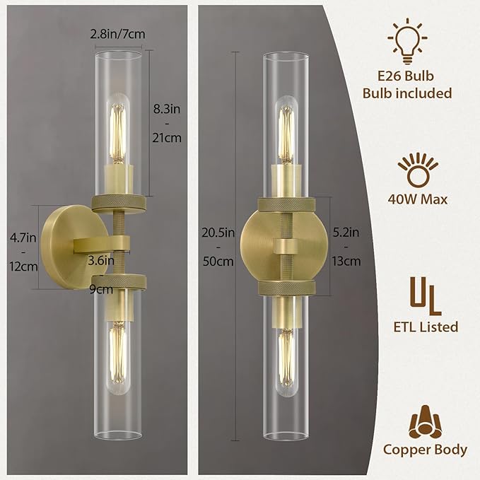 2-Light Brass Knurled Wall Sconces, Glass Sconces Wall Lighting indoor, Gold Bathroom Vanity Light Sconces, Wall Lights for Living Room Bedroom Hallway Kitchen Bathroom Mirror, Including Bulb