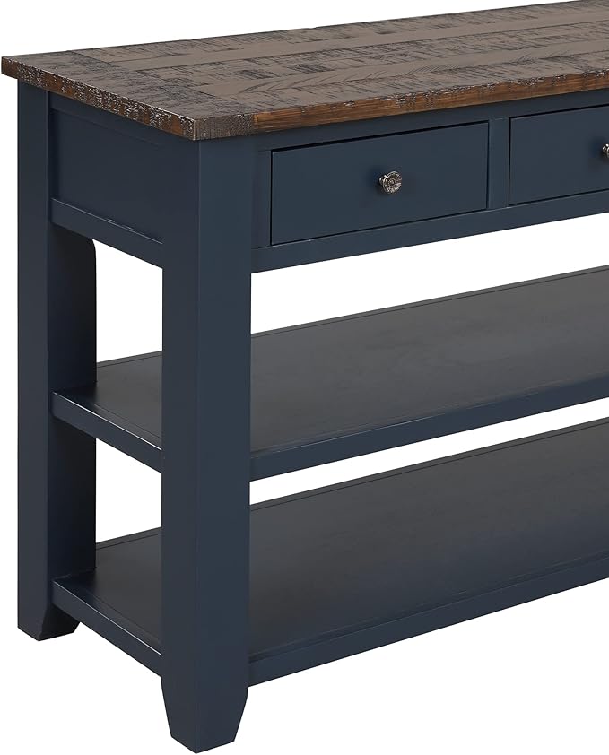 Knocbel Farmhouse Entryway Long Console Table with 3 Storage Drawers and Bottom Open Shelves, Entry Hallway Foyer Sofa Table with Handles, 29.9" H x 48.8" W x 15.8" D (Blue and Brown)