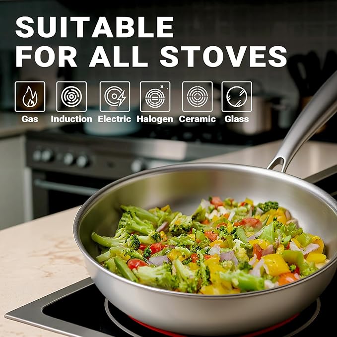 Kirecoo Tri-Ply Stainless Steel Pan - 12 Inch Frying Pan, Fast and Even Heat Stainless Steel Skillet, Induction Cookware, Dishwasher and Oven Safe Skillet