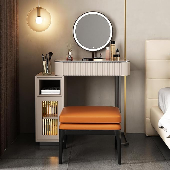 Lartis Makeup Vanity, with LED Makeup Mirror, Three Adjustable Light Levels, Tempered Teal Glass countertop,White Wax Wood Makeup Stool