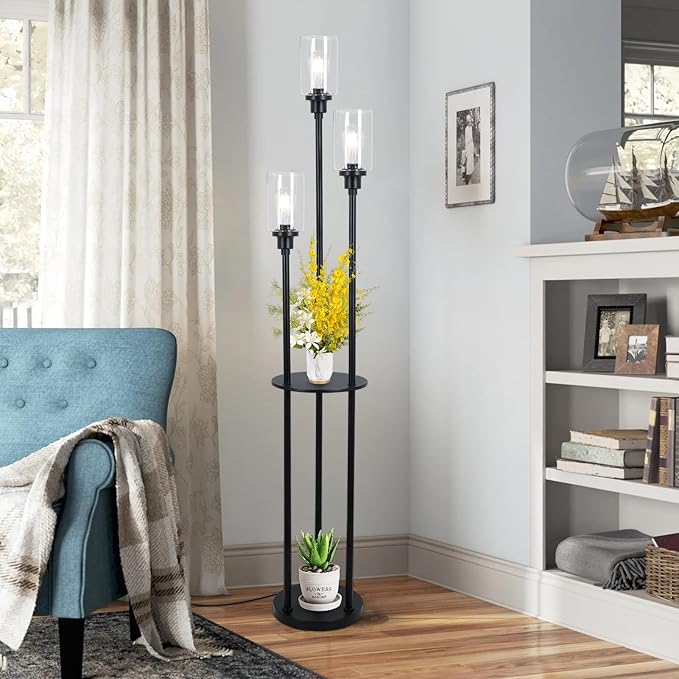 HMVPL Floor Lamps for Living Room, 3-Lights Modern Floor Lamp with Shelves, Farmhouse Standing Lamp with Glass Shades, On/Off Foot Switch, Black Industrial Tall Lamp for Bedroom Office Corner(66")