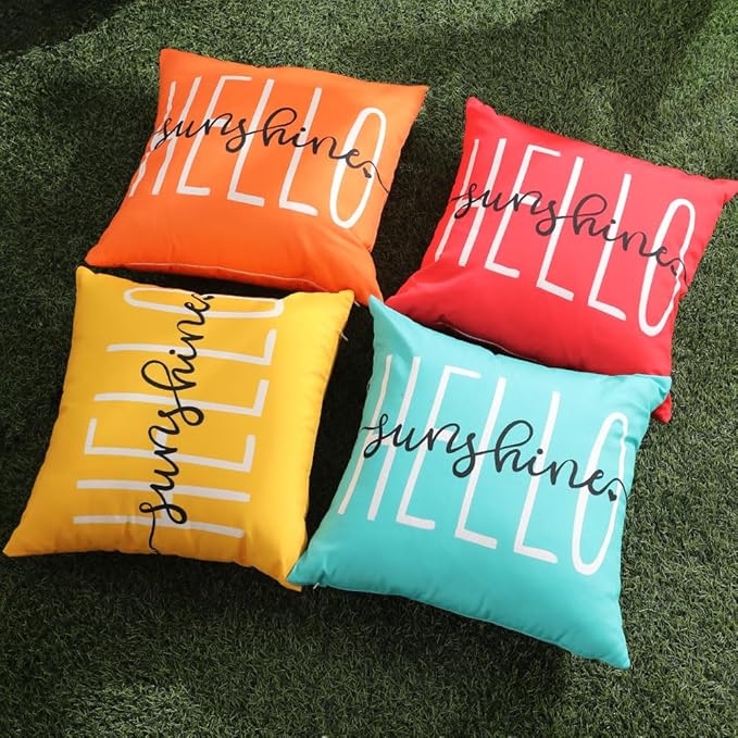 DFXSZ Outdoor Pillow Covers 20x20 Inch Set of 2 Hello Sunshine Decor Yellow Waterproof Throw Pillow Covers Summer Outdoor Waterproof Pillow Covers Decor for Patio Funiture Garden Sofa Couch 020B20