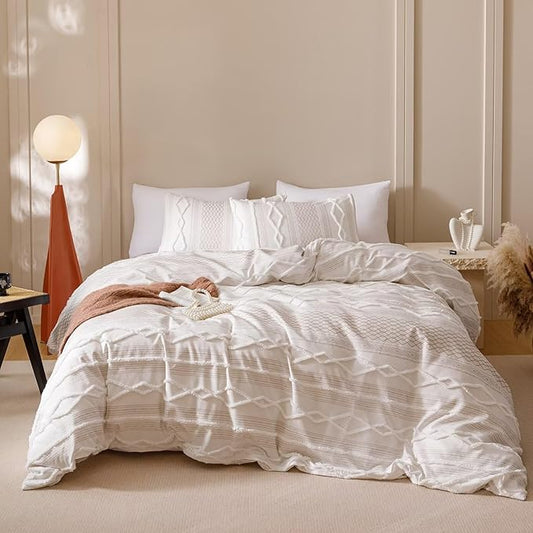 Luxlovery Boho Farmhouse Comforter Set Queen Teens Kids White Jacquard Bedding Set Bohemian Country Blanket Quilts Durable Soft Breathable 3PCS Comforter Set Queen Bed