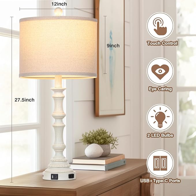27.5" Farmhouse Table Lamps Set of 2 with USB C+A Ports & AC Outlet for Vintage Living Room Retro Bedroom,3-Way Dimmable Touch Lamp Resin Bedside Lamps for Nightstand Side End Table,White-1