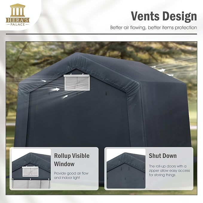 HERA'S PALACE 10x15ft Outdoor All-Season Portable Storage Shelter Shed Car Canopy Carport with 2 Roll up Zipper Doors Garage Kit Tent for Motorcycle Garden Tools
