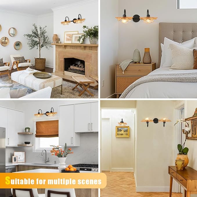 2 Light Bathroom Vanity Light Black Wall Sconce with Amber Flower Glass Shade mid Century Wall Light Vintage Wall Sconce Matte Black Vanity Light Over Mirror for Bedroom Hallway Living Room