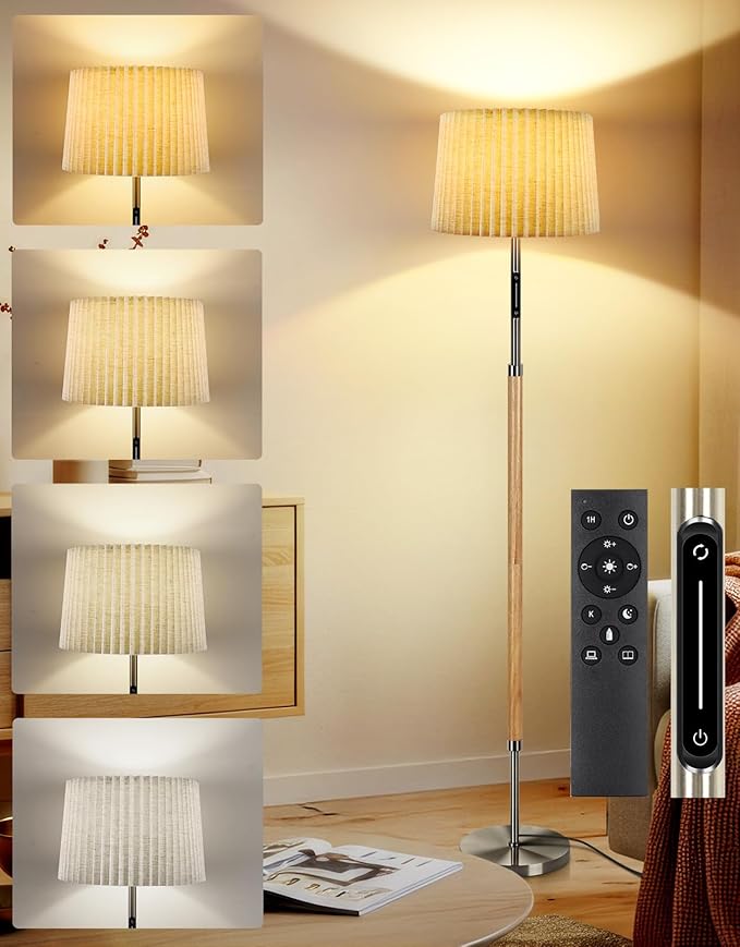 OUTON Wood Floor Lamp, Mid Century LED Modern Dimmable Standing Lamp with Remote & Touch Control, 4 Color Temperatures, Tall Floor Lamps for Living Room, Bedroom, Office, Wood