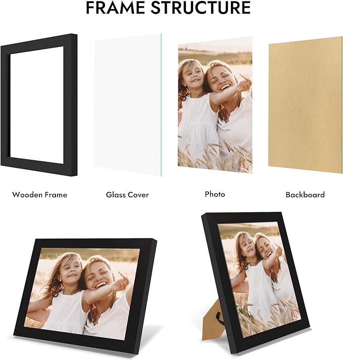 8x10 Picture Frame, Made of Real Glass and Wooden Frame, Horizontal and Vertical Display for Wall or Tabletop (Black, 1 Pack)