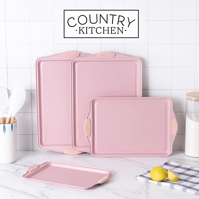 Country Kitchen Nonstick Stackable Bakeware Set - Heavy Duty, Durable, Easy Release Baking Set, Pink, 4 Pcs