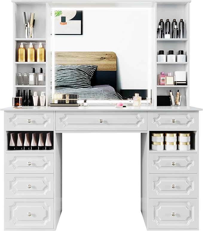Makeup Vanity with Lighted Mirror, 47" Large Vanity Desk with 9 Drawers & 10 Open Storage Shelves, Brightness Adjustable, Dressing Table for Bedroom, Women Girl (White, B Panel)