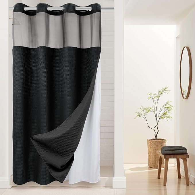 River Dream Heavyweight No Hooks Required Dotted Waffle Weave Shower Curtain with Snap in Liner -Stall 54W x 80H,Hotel Grade,Spa Like Bath Curtain,Black
