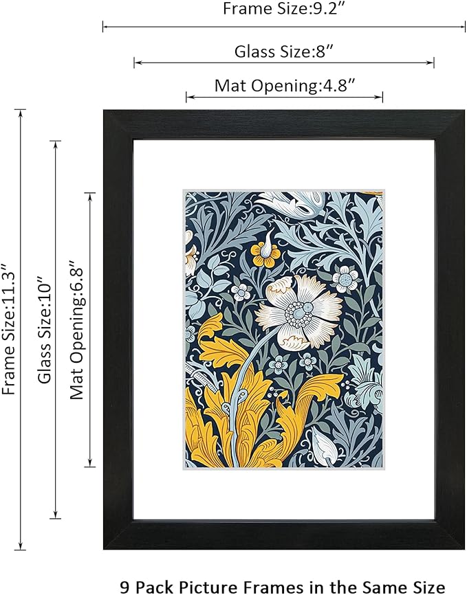 8x10 Picture Frame Set of 9 for Pictures 5x7 with Mat or 8x10 Without Mat, Wall Gallery or Tabletop display Photo Frames in Black