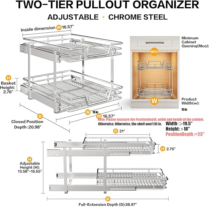 2-Tier Kitchen Cabinet Pull Out Shelf and Drawer Organizer Slide Out Pantry Storaqe Basket in Multiple Sizes (19" W x 21" D)