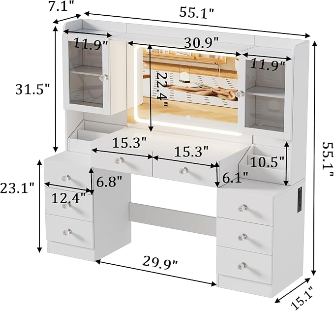 PAKASEPT 55.1" Large Vanity Desk with Mirror and Lights, Makeup Vanity with Power Outlet and 8 Drawers, 3 Lighting Modes Adjustable Vanity Table for Girl Women(White)