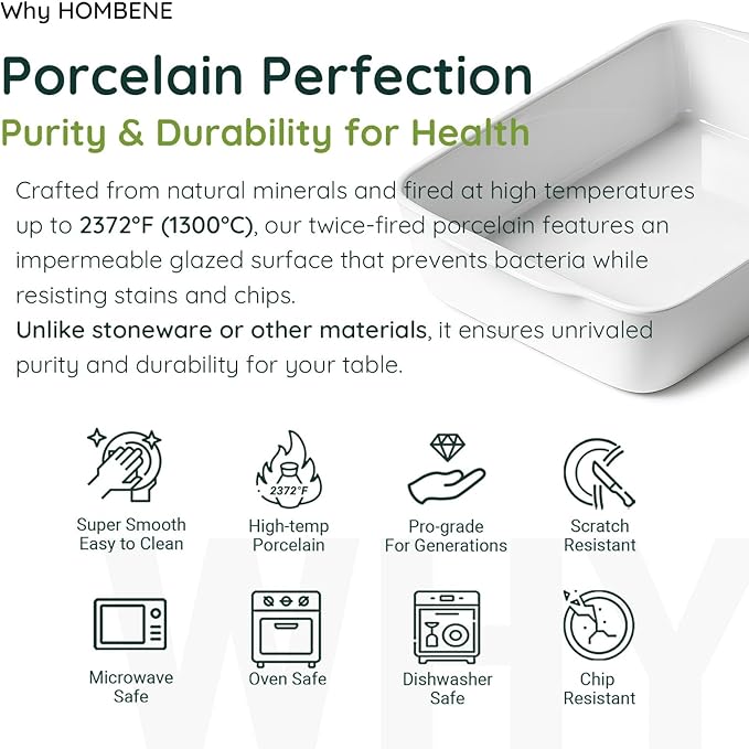 3.3 QT Ceramic Baking Dish, White Casserole Dish，Lasagna Pan for Oven, Bakeware for Baking, Kitchen Decor, Microwave Oven Safe, Dinner Party（8.7" x 11.8"）