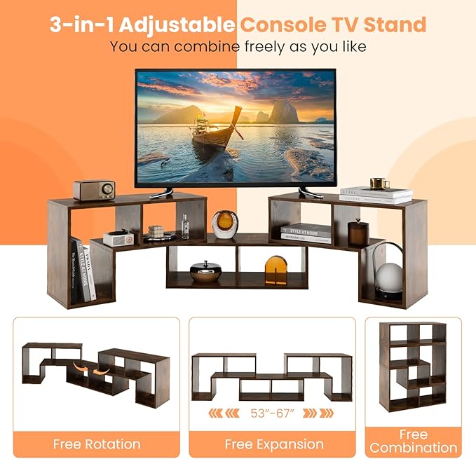 Tangkula 3 Pieces Console TV Stand, Free-Combination Entertainment Center for 50 55 60 65 Inch TV, Minimalist Modern Media Stand, DIY Open Storage Bookcase Shelf for Living Room (Brown)