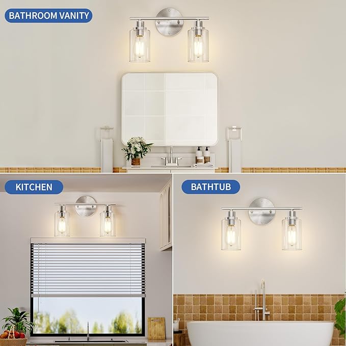 GORDNWE Bathroom Vanity Light Fixtures, 2 Light Brushed Nickel Bathroom Light, Vanity Sconce with E26 Bulb Base, Modern Wall Lights for Mirror, Hallway, Farmhouse