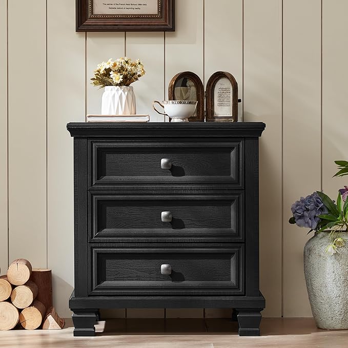 Farmhouse Black Bedroom Sets of 4, Includes 6 Drawer Large Dresser, Vintage Night Stand with 3 Drawers, Small 5 Chest of Drawers, Wood Rustic Dresser & Nightstand Set for Home, Living Room