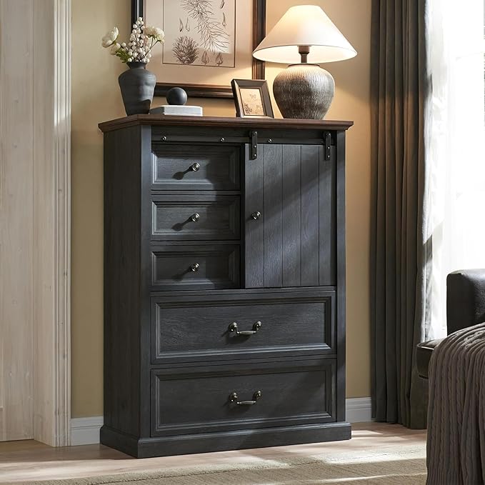 Farmhouse 5 Drawers Dresser for Bedroom, 47" Tall Chest of Drawers w/Sliding Barn Door, Rustic Wood Dressers Organizer w/Adjustable Shelves for Bedroom, Hallway, Living Room, Kitchen, Dark Grey