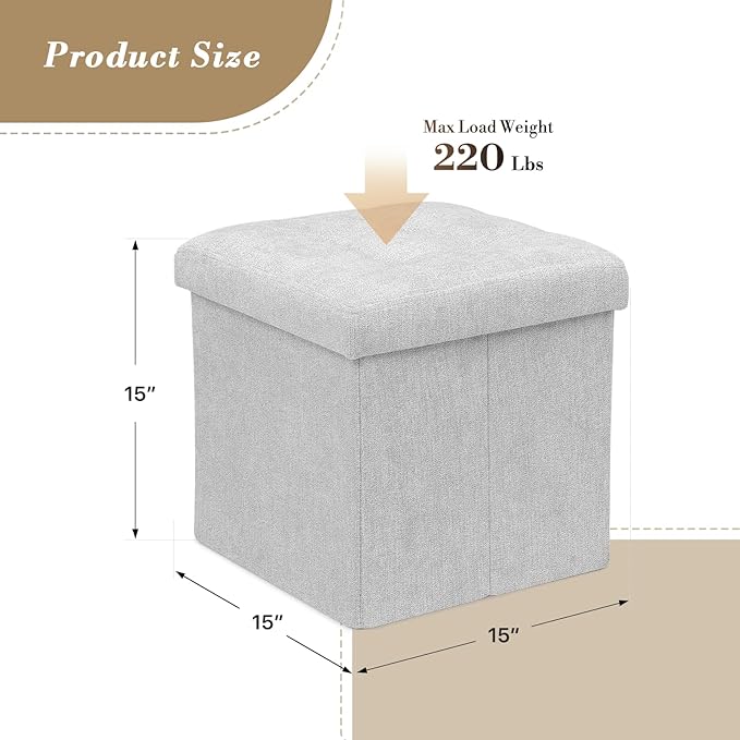 Athena Collection Line Square Ottoman with Storage, 15 Inch Small Storage Ottoman, Multipurpose Footstool Foot Rest for Living Room, Bedroom, Dorm, Light Grey