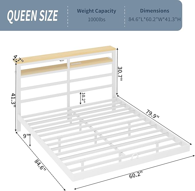 Floating Bed Frame Queen with LED Lights &USB Charging Station – Modern Platform Bed with 2 Tier Storage Headboard, Metal Slat Support, No Box Spring,Easy Assembly, Noise-Free, White