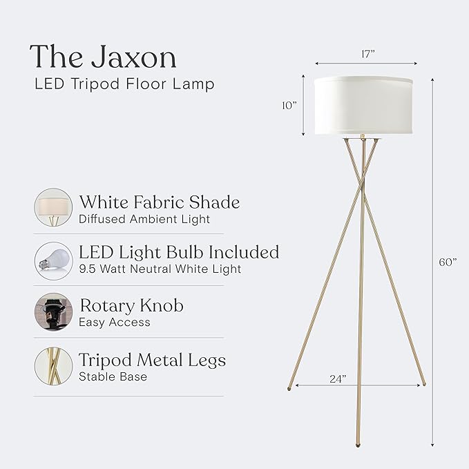 Brightech Jaxon LED Floor lamp, Modern Lamp for Living Rooms & Offices, Tall Lamp with Contemporary Drum Shade, Gold Tripod Standing Lamp for Bedroom Reading, Great Living Room Decor - Brass