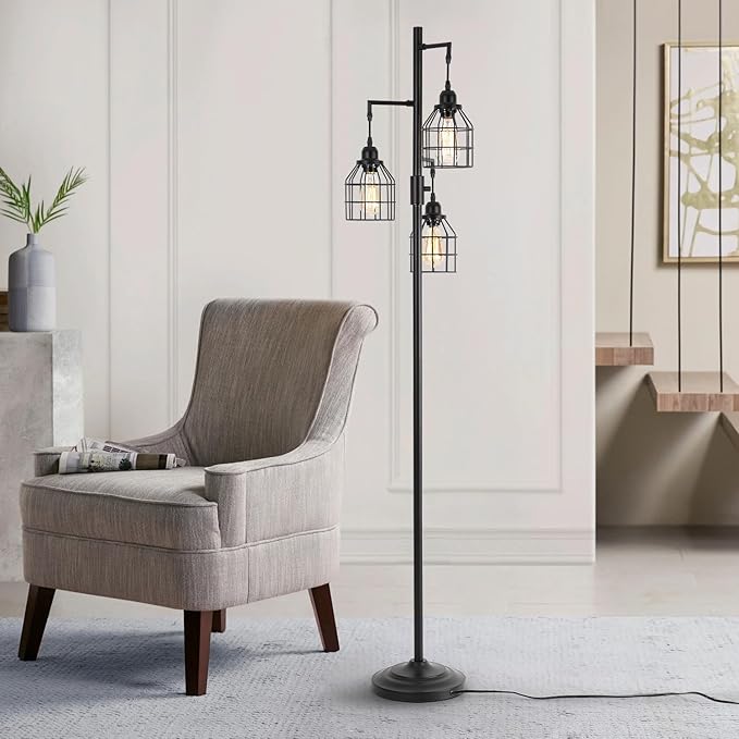 9MMML Floor Lamp for Living Room, Farmhouse Industrial Dimmable Floor lamp,3 Lights Metal Cage Tree Standing Lamp,68", 3Pcs Led Bulbs Included