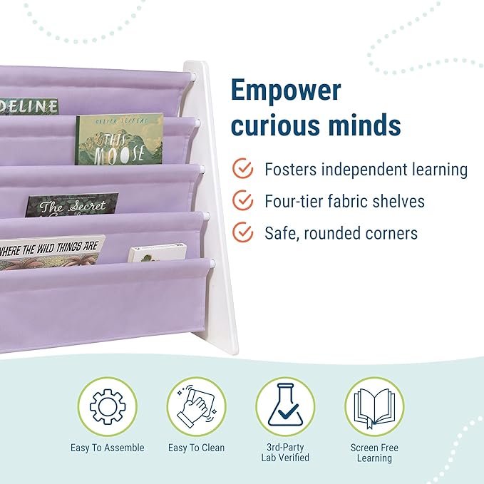 Wildkin Wooden Sling Bookshelf for Kids – Premium Canvas Design with 4 Fabric Shelves, Organizer for Home or Classroom - White w/Lilac