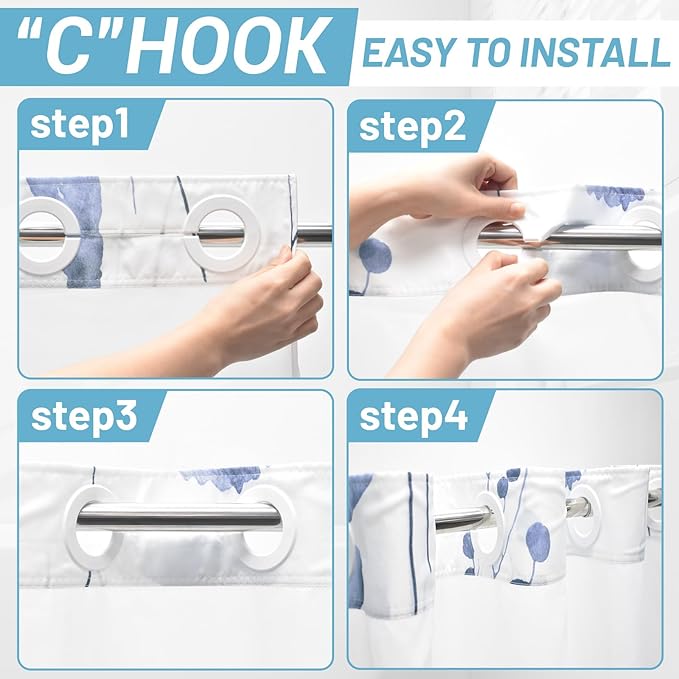 No Hook Shower Curtain with Snap in Liner - Floral Shower Curtain - Fabric Waterproof Inner Liner, Plants Watercolor Navy Modern Cloth Shower Curtains - Machine Washable, 71 x 74