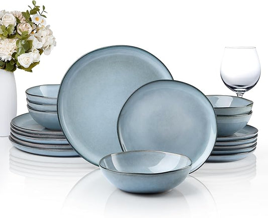 HaWare Plates and Bowls Set, Stoneware Dinnerware Sets, 18-Piece Hand-painted Dishware for 6, Ceramic Dinner Set for Home Kitchen, Scratch Resistant, Microwave and Dishwasher Safe, Reactive Foggy Blue
