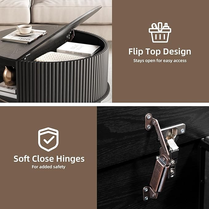 Round Coffee Table with Storage, Mid Century Modern Center Table with Sliding Cabinet Door, Fluted Dining Table for Living Room, Home Small Space, 31.5", Black