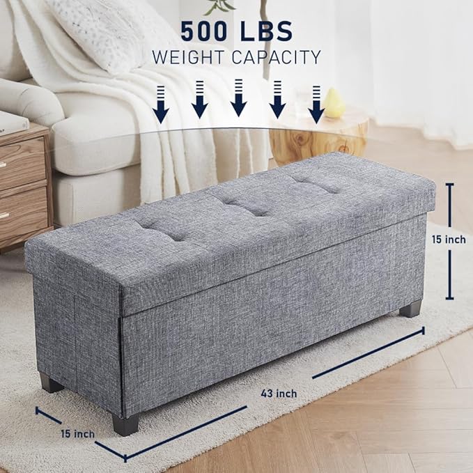 Ornavo Home 43 Inch Storage Ottoman, Large Storage Bench, Ottoman with Storage with Legs, Foot Rest Stool, Bedroom Bench - Gray