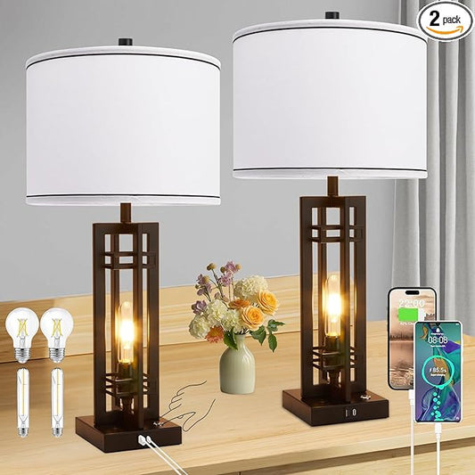 27" Touch Control Farmhouse Table Lamps, Set of 2 Tall Rustic Table Lamps 2-Light Design with USB A+C Ports, Bedside Lamps with White Shade for Living Room Home Office, 4 LED Bulbs Included
