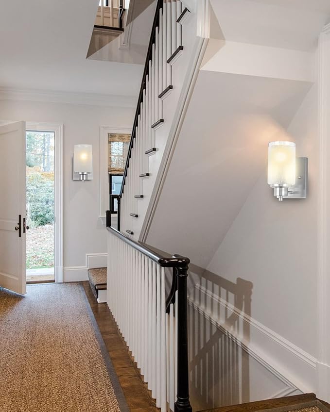 3 Pack Bath Vanity Light Fixture, Modern Indoor Wall Scone Lighting White Linen Frosted Glass Shades with Brush Nickle Finish Wall Lamps for Bathroom Kitchen Entryway Bedside