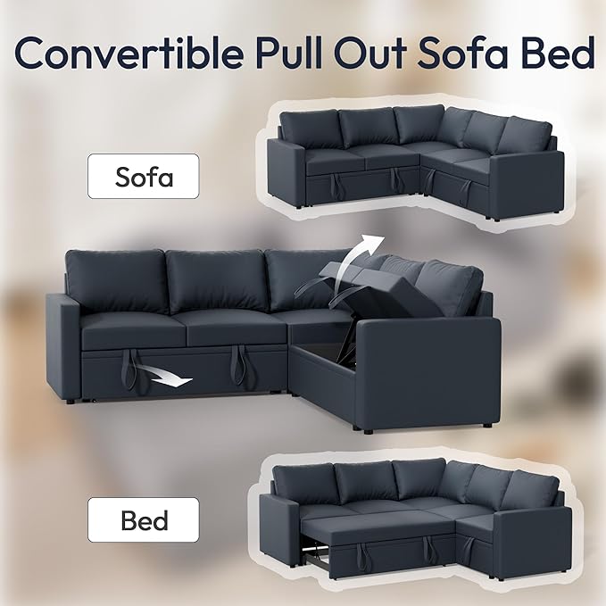 Sleeper Sofa Bed, Modular Sectional Couch with Pull Out Bed, L Shaped Sectional Convertible SofaBed with Storage Seat, for Living Room Apartment Bedroom Office Dark Gray Linen