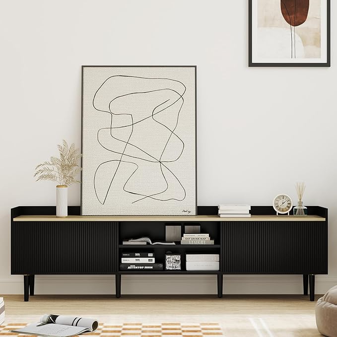 Bonzy Home 70'' Fluted TV Stand Modern Entertainment Center with Sliding Doors & Storage for up to 75'' TV, Media TV Console for Living Room & Bedroom, Black