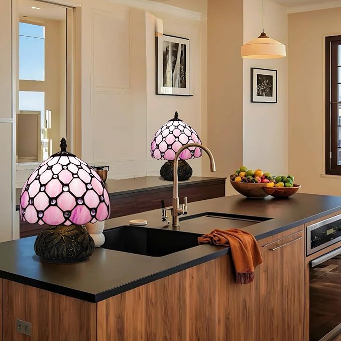 Small Tiffany Stained Glass Lamp, 3 Color Temperatures Bedside Lamp, 8 Inch Pink Pearl Beads Style Mushroom Desk Light for Bedroom Living Room Office Home Decor (Pink)