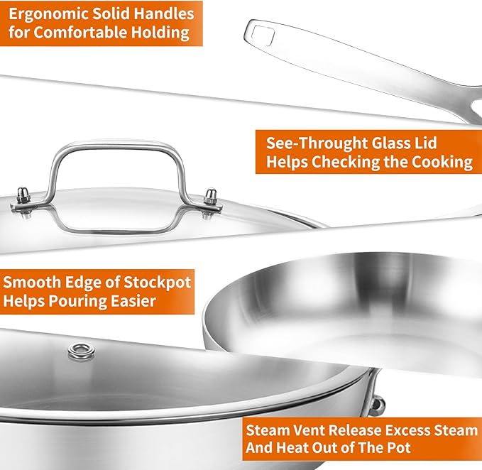 DELARLO Whole Body Tri-Ply Stainless Steel 12 Inch Frying Pan With Lid, kitchen large Skillet Suitable for All Stove Up to 600℉, 18/10 Cookware