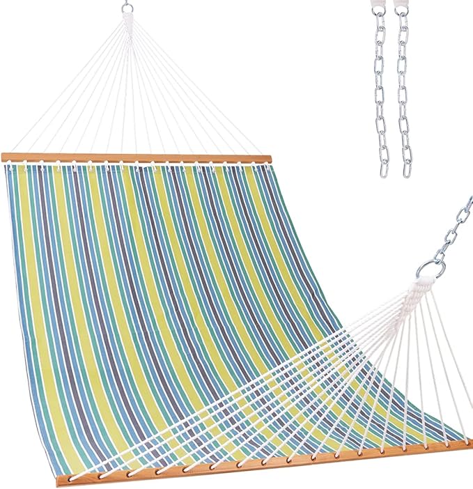 Lazy Daze Hammocks Quick Dry Hammock with Spreader Bar 2 Person Double Hammock with Chains Outdoor Outside Patio Poolside Backyard Beach 450 lbs Capacity, Blue Green Stripes