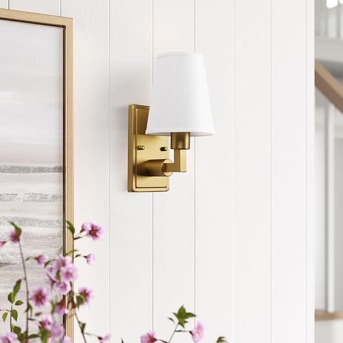 Wall Sconce 1-Light Fixture Antique Finish with White Fabric Shade, E26 Hardwired Indoor Wall Light for Vanity Bathroom Living Room Bedside Nightstand Light