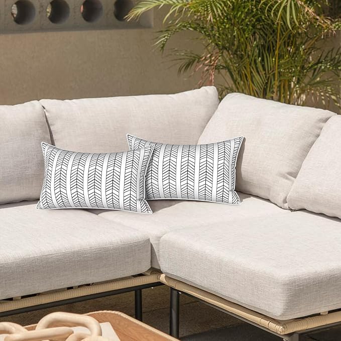 LVTXIII Set of 2 Outdoor Lumbar Pillows for Patio Furniture with White Piping, 12"x20" Fade Resistant Patio Lumbar Pillows with Inserts for Home Coach Sofa Use, Herringbone Black White