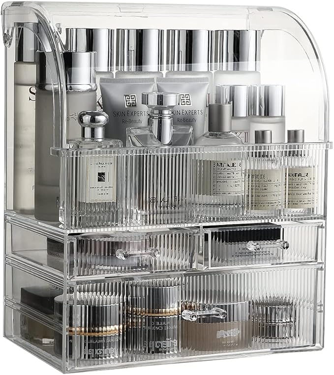 MOOCHI Clear Stripes Pattern Professional Large Cosmetic Makeup Organizer Dust Water Proof Cosmetics Storage Display Case with Drawers