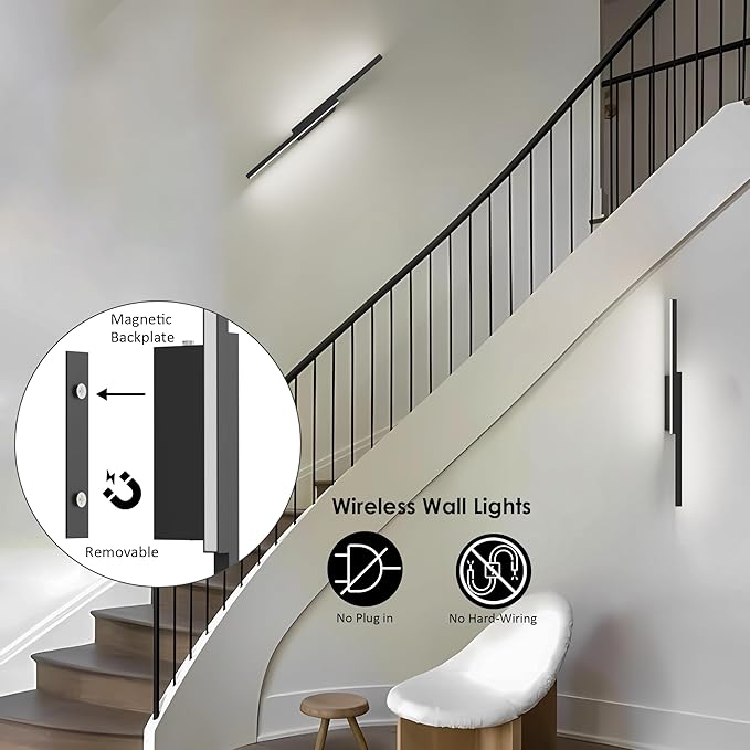 Aipsun Symmetrical Black Battery Operated Wall Sconce Set of 2, 10,000mAh Rechargeable Wall Sconce Lighting Dimmable Wireless Wall Lights for Living Room,Bedroom (2 Pack)