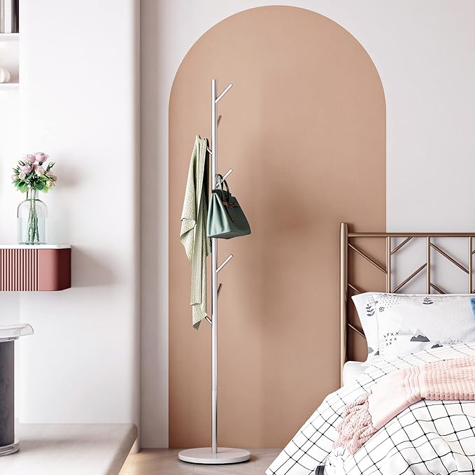Silver Coat Racks, Metal Coat Rack Freestanding with Hooks, Entryway Coat Rack Stand, Coat Racks with Marble Base, Coat Tree for Hanging Clothes, Hats, Bags