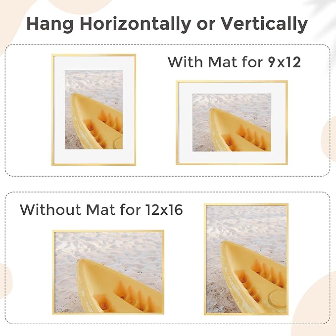 12x16 Metal Picture Frame For Wall With Mat For 9x12, 12''x16'' Aluminum Certificate Document Frames With Tempered Glass, Minimalist Modern Poster Frame Horizontally And Vertically, Gold